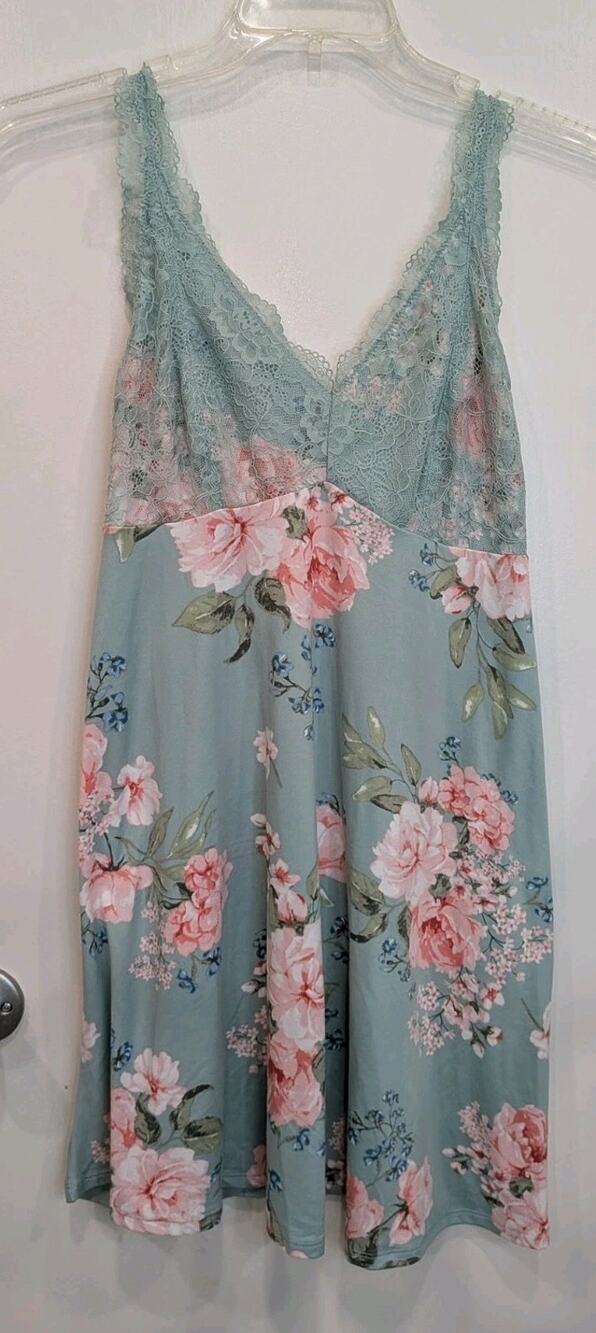 Flora Nikrooz Floral Lace Slip Dress Nightgown Sage Green Pink Large L Romantic